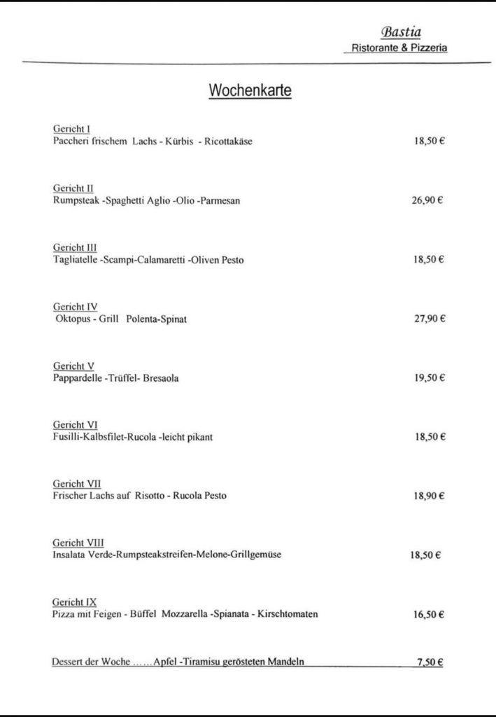 Ristorante & Pizzeria Bastia Höchberg Wochenkarte