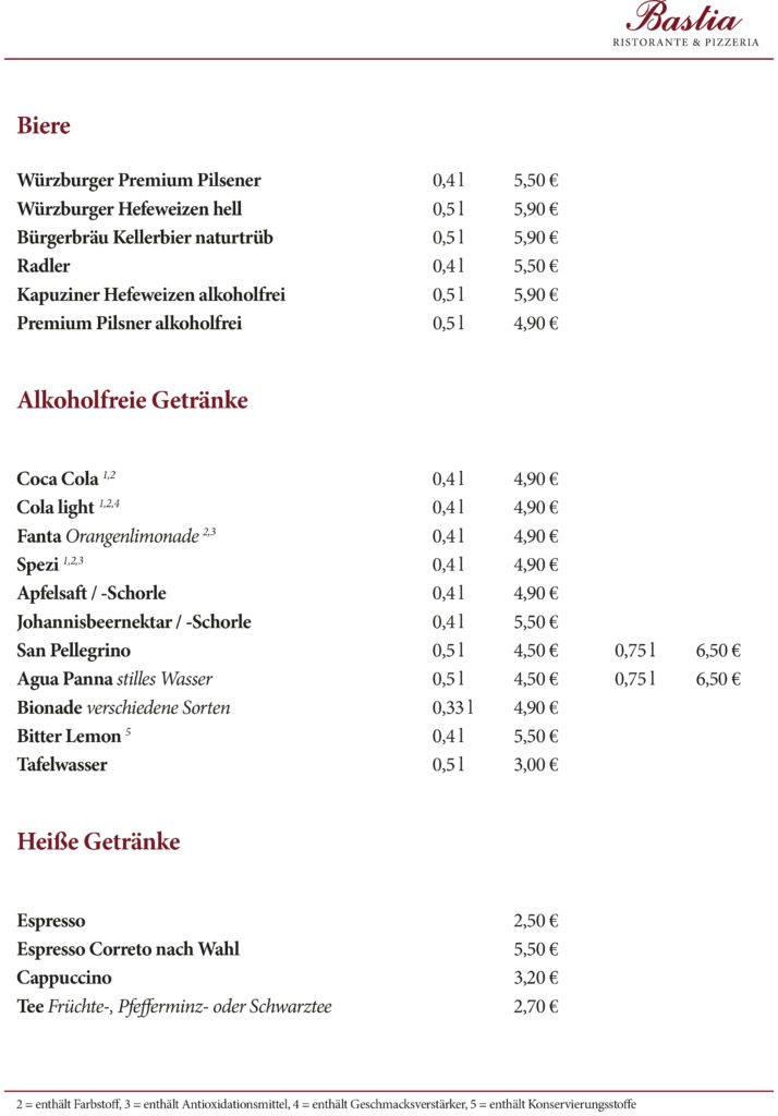Ristorante & Pizzeria Bastia Höchberg Getränkekarte