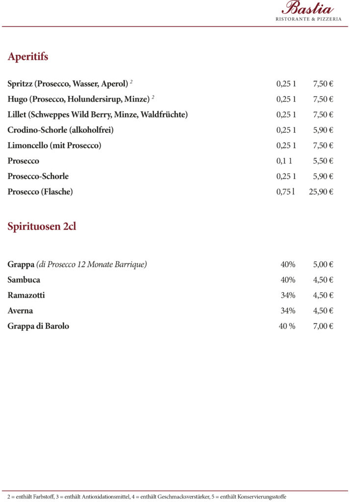 Ristorante & Pizzeria Bastia Höchberg Getränkekarte