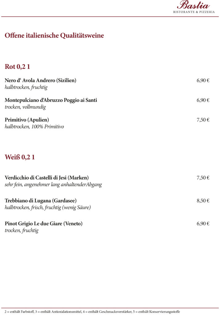Ristorante & Pizzeria Bastia Höchberg Getränkekarte