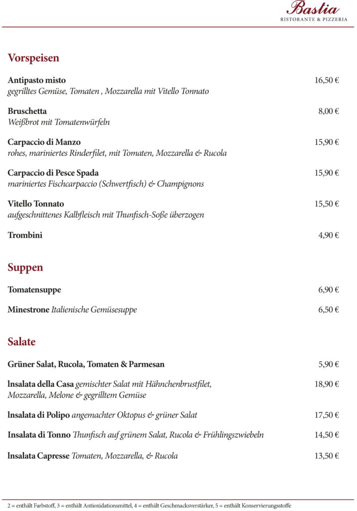 Ristorante & Pizzeria Bastia Höchberg Speisekarte