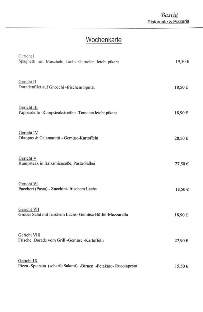 Ristorante & Pizzeria Bastia Höchberg Wochenkarte